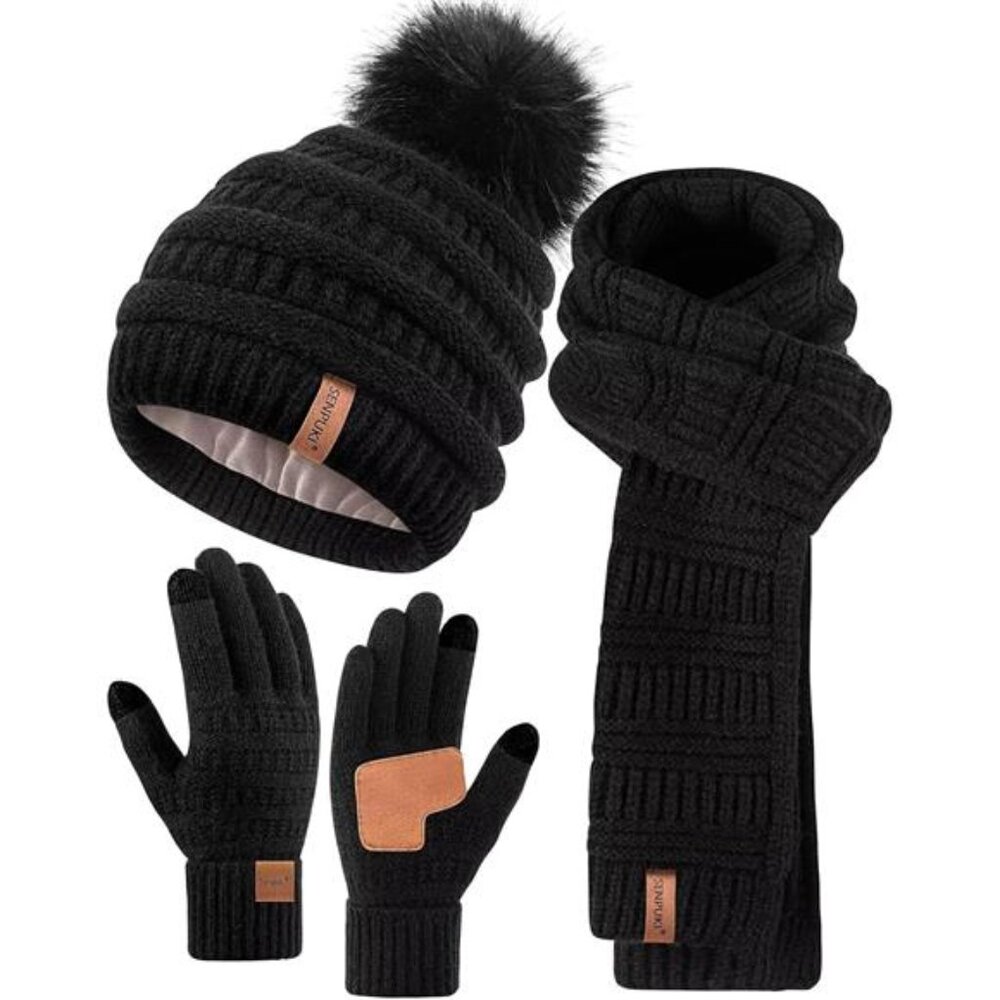 Womens Winter Beanie Scarf Gloves Set Pom Pom Fleece Lined Touchscreen Warm